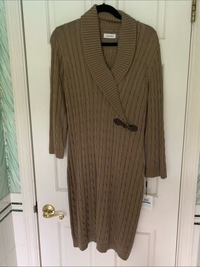 Calvin Klein Taupe Cable Knit Wrap Dress with Shawl Collar